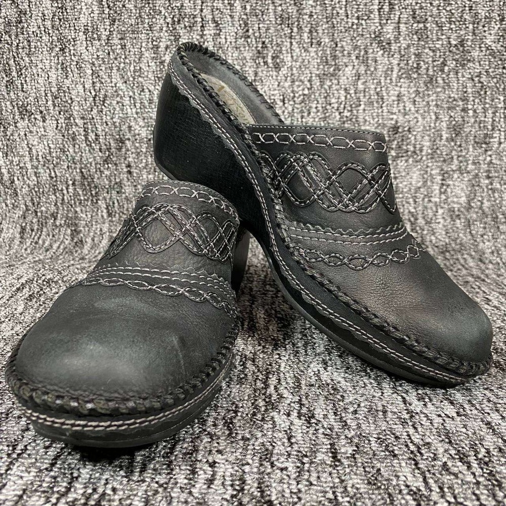 Clarks Artisan Helen Leather Wedge Clogs Women 8.5M Black Stitched Mules Slip On